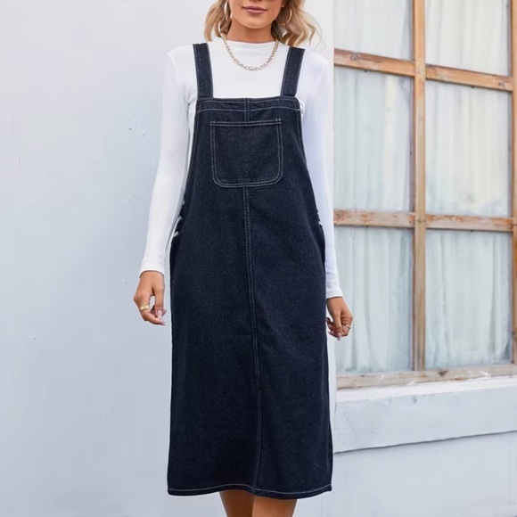 5SISS Dresses & Skirts - overall denim dress contrast stitching front patch pocket adjustable Straps S